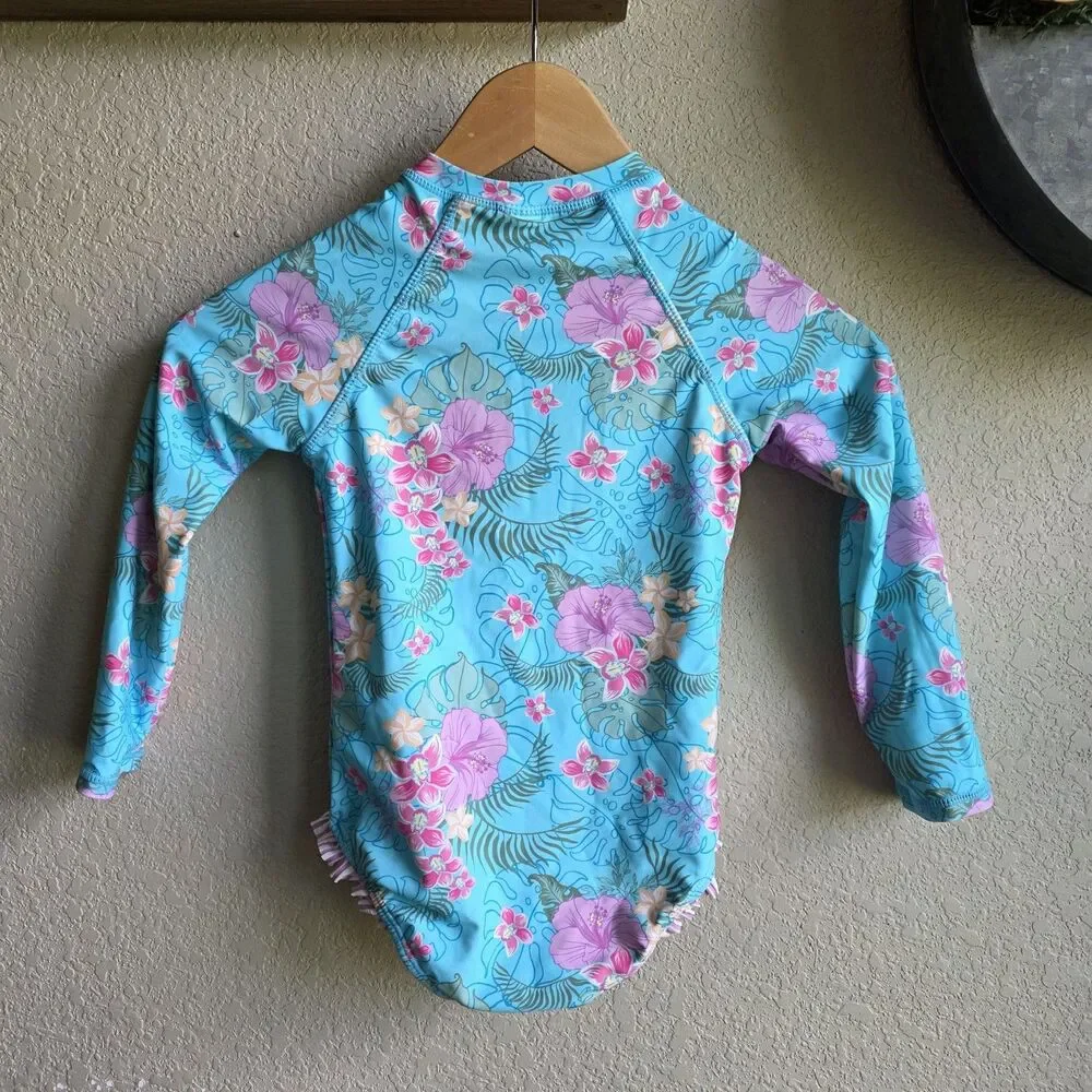 Ruffle Butts Orchid Oasis One Piece Rashguard Swimsuit Girl Size 5 Blue Hibiscus